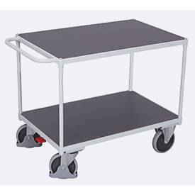 Schwerer Tischwagen, Stahl/MDF-Platte, Lichtgrau/Dunkelgrau, 2 Etagen, L 850 x B 500 mm, TPE-Rollen mit EasySTOP, bis 400 kg