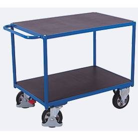 Schwerlast-Tischwagen, Stahl/Siebdruckplatte, Enzianblau/Dunkelbraun, 2 Etagen, L 1195 x B 800 mm, Vollgummi-Rollen mit 