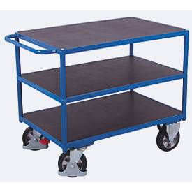 Schwerlast-Tischwagen, Stahl/Siebdruckplatte, Enzianblau/Dunkelbraun, 3 Etagen, L 1195 x B 800 mm, Vollgummi-Rollen mit 