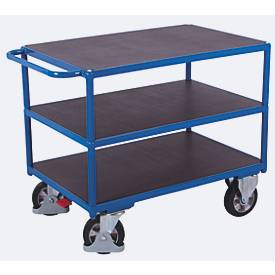 Schwerlast-Tischwagen, Stahl/Siebdruckplatte, Enzianblau/Dunkelbraun, 3 Etagen, L 1595 x B 800 mm, Vollgummi-Rollen mit EasySTOP, bis 1000 kg