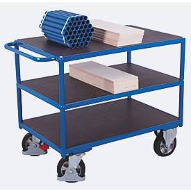 Schwerlast-Tischwagen, Stahl/Siebdruckplatte, Enzianblau/Dunkelbraun, 3 Etagen, L 1995 x B 800 mm, Vollgummi-Rollen mit EasySTOP, bis 1000 kg