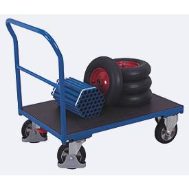 Schwerlastwagen, Stahl/Siebdruckplatte, Enzianblau/Dunkelbraun, L 1225 x B 800 mm, mit Querstrebe, Vollgummi-Rollen mit EasySTOP, bis 1000 kg