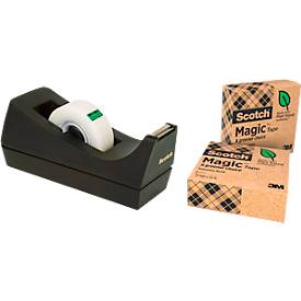 Scotch® C38 Tischabroller schwarz + Scotch® Magic™ Klebeband, mit 66 % pflanzlichem Klebstoff hergestellt, 19 mm x 33 m, inkl. 3 Rollen