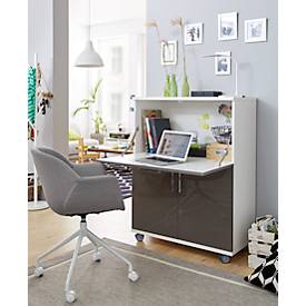 Sekretär, ideal für das Home Office, ausklappbare Schreibfläche, 2 Fächer hinter Flügeltüren, Lenkrollen, Holz, B 900 x T 450 x H 1200 mm, weiß/grau