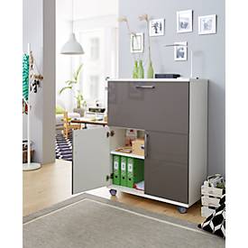 Sekretär, ideal für das Home Office, ausklappbare Schreibfläche, 2 Fächer hinter Flügeltüren, Lenkrollen, Holz, B 900 x T 450 x H 1200 mm, weiß/grau