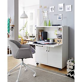 Sekretär, ideal für das Home Office, ausklappbare Schreibfläche, 2 Fächer hinter Flügeltüren, Lenkrollen, Holz, B 900 x T 450 x H 1200 mm, weiß/weiß