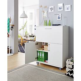 Sekretär, ideal für das Home Office, ausklappbare Schreibfläche, 2 Fächer hinter Flügeltüren, Lenkrollen, Holz, B 900 x T 450 x H 1200 mm, weiß/weiß