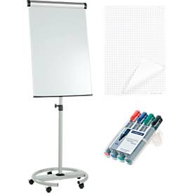 Set avantageux : Flipchart mobile MAULsolid - piètement rond avec roulettes - inclus :  5 blocs de 20 feuilles + 4 marqueurs
