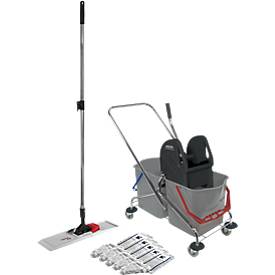 Set : chariot de ménage à roulettes 2 seaux de 27 litres, avec manche alu télescopique, porte-franges pliable en plastique et 5 serpillères en coton 500 mm