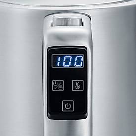 SEVERIN Digitaler Wasserkocher WK 3418, 1,7 l, 3.000 W, einstellbare Temperatur 40–100 °C, Warmhalten, 360° Central Cordless, BPA‑frei, Edelstahl gebürstet/Schwarz