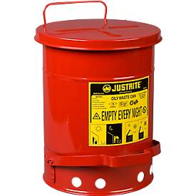 Sicherheitsbehälter, selbstschließender Deckel, Bodenrand mit Öffnungen, mit Fußpedal, Stahlblech, Ø 300 x H 400 mm, 20 l, rot