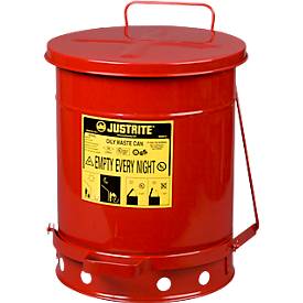 Sicherheitsbehälter, selbstschließender Deckel, Bodenrand mit Öffnungen, mit Fußpedal, Stahlblech, Ø 350 x H 460 mm, 34 l, rot