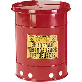 Sicherheitsbehälter, selbstschließender Deckel, Bodenrand mit Öffnungen, mit Fußpedal, Stahlblech, diverse Kapazitäten, rot