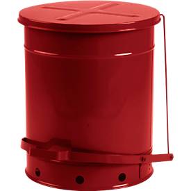 Sicherheitsbehälter, selbstschließender Deckel, Bodenrand mit Öffnungen, mit Fußpedal, Stahlblech, diverse Kapazitäten, rot
