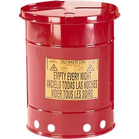 Sicherheitsbehälter, selbstschließender Deckel, Bodenrand mit Öffnungen, mit Fußpedal, Stahlblech, diverse Kapazitäten, rot