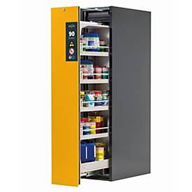 Sicherheitsschrank Typ 90 asecos V-MOVE-90, Vertikalauszug mit Schließ-Automatik, Front Sicherheitsgelb, B 449 x T 860 x H 1966 mm