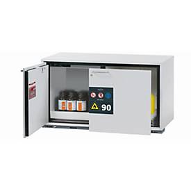 Sicherheitsunterbauschrank Typ 90 asecos UB-ST-90, 1 Schublade, 1 Flügeltür, Anschlag links, Front Lichtgrau, B 1102 x T 574 x H 600 mm