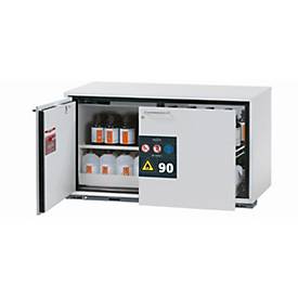 Sicherheitsunterbauschrank Typ 90 asecos UB-ST-90, 1 Schublade, 1 Flügeltür, Anschlag links, Front Lichtgrau, B 1102 x T 574 x H 600 mm