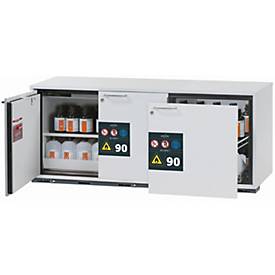 Sicherheitsunterbauschrank Typ 90 asecos UB-ST-90, 1 Schublade, 2 Flügeltüren, Front Lichtgrau, B 1402 x T 574 x H 600 mm