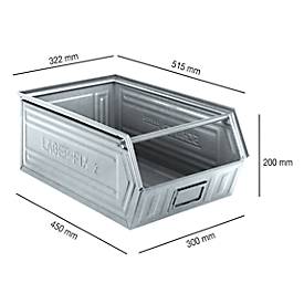 Sichtlagerkasten mit Tragestab LF 14/7-2, Stahl, L 515 x B 322 x H 200 mm, 26 l, verzinkt