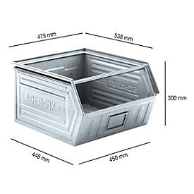 Sichtlagerkasten mit Tragestab SSI Schäfer LF 14/7-1Z, Stahl, L 538 x B 475 x H 300 mm, 60 l, verzinkt