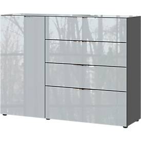 Sideboard, mit 4 Schubladen und 1 Tür, Glasfront- und auflage, B 1340 x T 420 x H 1020 mm, graphit/silbergrau