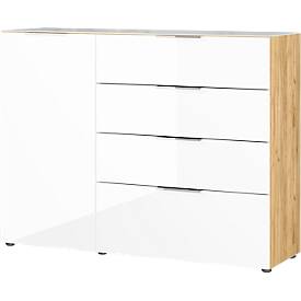 Sideboard, mit 4 Schubladen und 1 Tür, Glasfront- und auflage, B 1340 x T 420 x H 1020 mm, Navarra-Eiche/weiß