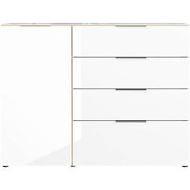 Sideboard, mit 4 Schubladen und 1 Tür, Glasfront- und auflage, B 1340 x T 420 x H 1020 mm, Navarra-Eiche/weiß