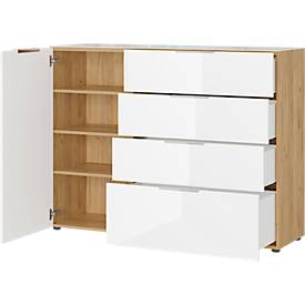 Sideboard, mit 4 Schubladen und 1 Tür, Glasfront- und auflage, B 1340 x T 420 x H 1020 mm, Navarra-Eiche/weiß