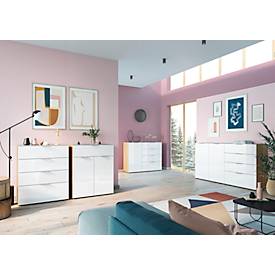 Sideboard, mit 4 Schubladen und 1 Tür, Glasfront- und auflage, B 1340 x T 420 x H 1020 mm, Navarra-Eiche/weiß