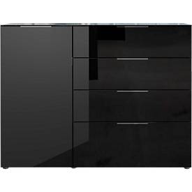 Sideboard, mit 4 Schubladen und 1 Tür, Glasfront- und auflage, B 1340 x T 420 x H 1020 mm, schwarz