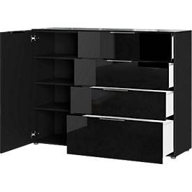 Sideboard, mit 4 Schubladen und 1 Tür, Glasfront- und auflage, B 1340 x T 420 x H 1020 mm, schwarz