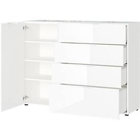Sideboard, mit 4 Schubladen und 1 Tür, Glasfront- und auflage, B 1340 x T 420 x H 1020 mm, weiß