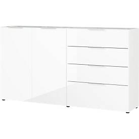 Sideboard, mit 4 Schubladen und 2 Türen, Glasfront- und auflage, B 1840 x T 420 x H 1020 mm, weiß