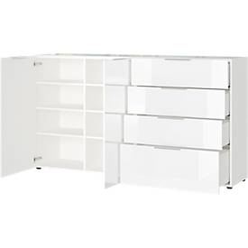 Sideboard, mit 4 Schubladen und 2 Türen, Glasfront- und auflage, B 1840 x T 420 x H 1020 mm, weiß