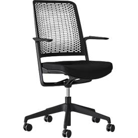Siège de bureau WithMe, avec accoudoirs, mécanisme auto-synchrone, assise plate, dossier en plastique perforé, housse d'assise amovible, noir