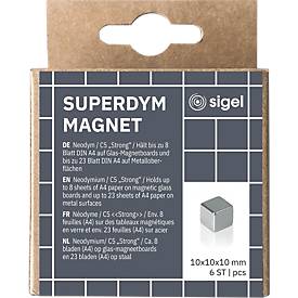 SIGEL Neodym-Magnete C5 Strong Cube-Design, für Glas-Magnettafeln und magnetische Whiteboards, hohe Haftkraft, Würfelform, silber, 6 Stück
