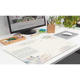 Sigel Papier-Schreibunterlage, Blätter‑Motiv, gold/rosé/blau, ca. A2, Kalender 2026/2027, DE/EN/FR/NL, 30 Blatt