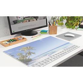 Sigel Papier-Schreibunterlage, Palmenstrand, blau, ca. A2, Kalender 2026/2027/2028, DE/EN/FR/NL, 30 Blatt