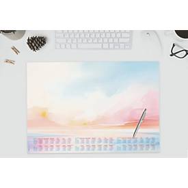 Sigel Papier-Schreibunterlage, Sonnenuntergang, hellblau/pink/sonnengelb/orange, ca. A2, Kalender 2026/2027/2028, DE/EN/FR/NL, 30 Blatt