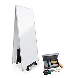 Sigel whiteboardset voor gebruik in tenten, 2 x whiteboard met B 1800 x H 900 mm, magnetisch, wit/zilver, 1 x verrijdbaar statief en 12-delige starterset