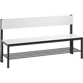 Sitzbank Basic Plus, 1-seitig, Rückenlehne, Fußgestell schw.grau RAL 7021, mit/ohne Schuhrost, diverse Breiten & Dekore