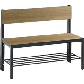 Sitzbank Basic Plus, 1-seitig, Rückenlehne, mit Schuhrost, 4-Fußgestell schwarzgrau RAL 7021, B 1000 mm, Dekor Eiche Ser.