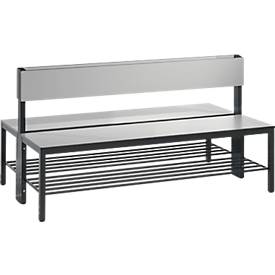 Sitzbank Basic Plus, 2-seitig, mit Rückenlehne & Schuhrost, 4-Fußgestell schwarzgrau RAL 7021, B 1500 mm, Dekor silbergrau