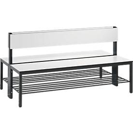 Sitzbank Basic Plus, 2-seitig, mit Rückenlehne & Schuhrost, 4-Fußgestell schwarzgrau RAL 7021, B 1500 mm, Dekor weiß