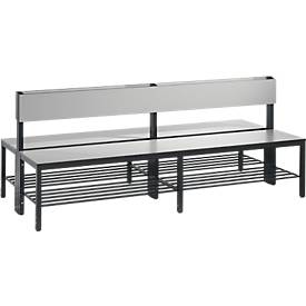 Sitzbank Basic Plus, 2-seitig, mit Rückenlehne & Schuhrost, 4-Fußgestell schwarzgrau RAL 7021, B 1960 mm, Dekor silbergrau