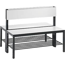 Sitzbank Basic Plus, 2-seitig, Rückenlehne, Fußgestell schw.grau RAL 7021, mit/ohne Schuhrost, diverse Breiten & Dekore