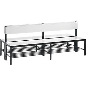 Sitzbank Basic Plus, 2-seitig, Rückenlehne, Fußgestell schw.grau RAL 7021, mit/ohne Schuhrost, diverse Breiten & Dekore