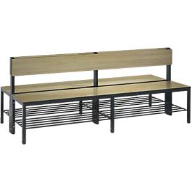 Sitzbank Basic Plus, 2-seitig, Rückenlehne, Fußgestell schw.grau RAL 7021, mit/ohne Schuhrost, diverse Breiten & Dekore