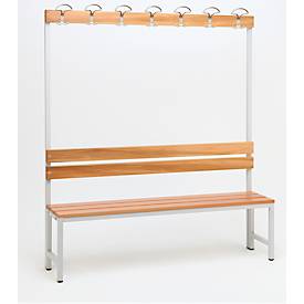 Sitzbank für Umkleideräume mit Rückwand und Hakenleiste 1500 mm breit